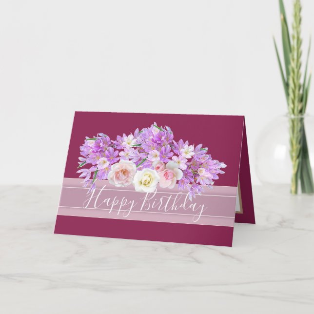 Chic Blommigt Bouquet Ro & Crocus Flowers Birthday Kort (Framsida)