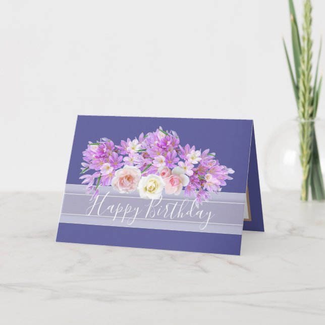Chic Blommigt Bouquet Ro & Crocus Flowers Birthday Kort (Framsida)
