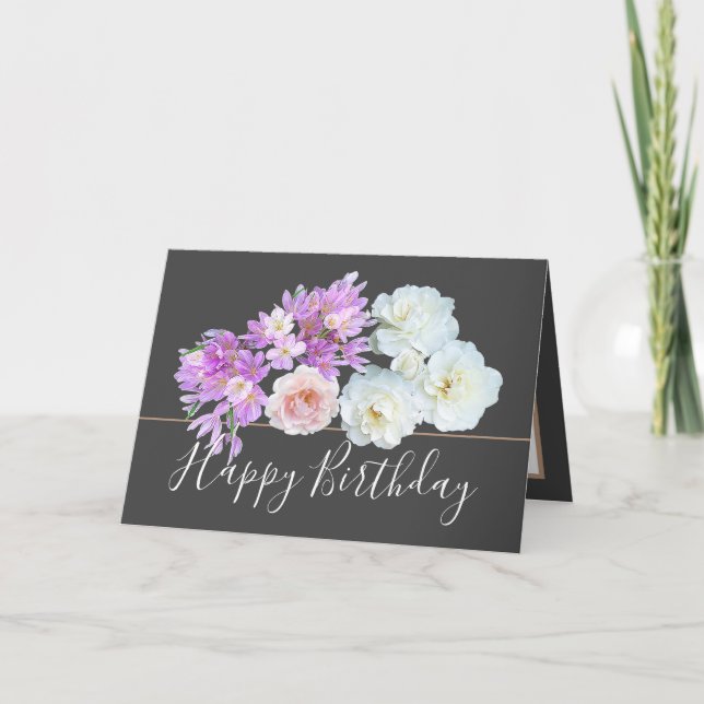 Chic Blommigt Bouquet Ro & Crocus Flowers Birthday Kort (Framsida)