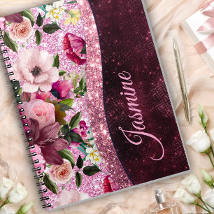 Chic blommigt Burgundy rosa lila glitter monogram Anteckningsbok