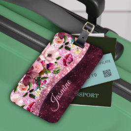Chic blommigt Burgundy rosa lila glitter monogram Bagagebricka