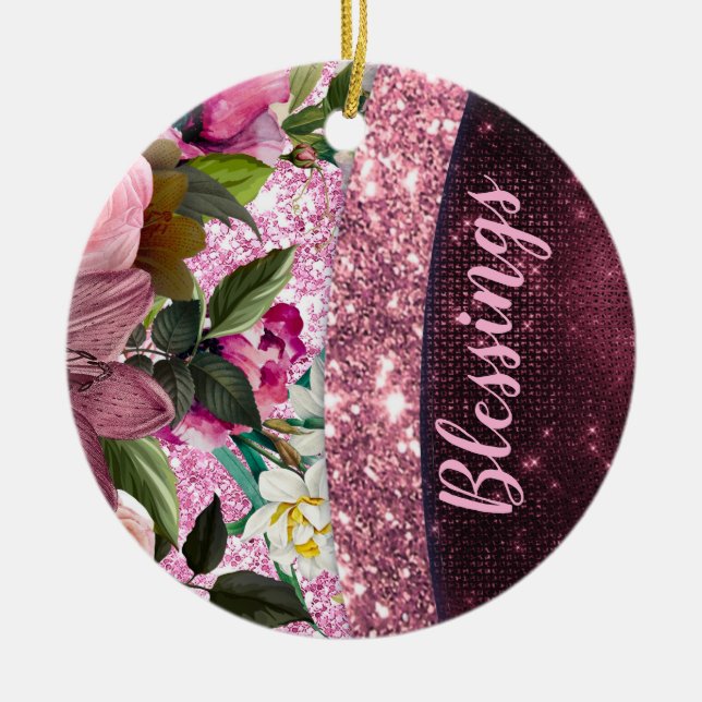 Chic blommigt Burgundy rosa lila glitter monogram Julgransprydnad Keramik (Framsidan)