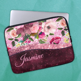 Chic blommigt Burgundy rosa lila glitter monogram Laptop Fodral