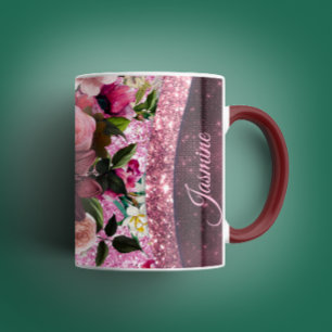 Chic blommigt Burgundy rosa lila glitter monogram Mugg
