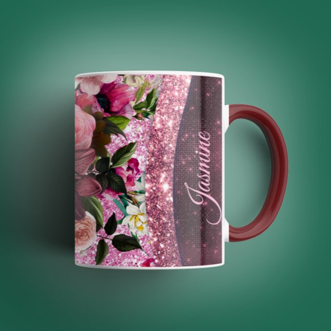 Chic blommigt Burgundy rosa lila glitter monogram Mugg (Skapare uppladdad)