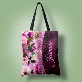 Chic blommigt Burgundy rosa lila glitter monogram Tygkasse