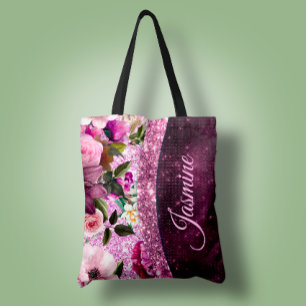Chic blommigt Burgundy rosa lila glitter monogram Tygkasse