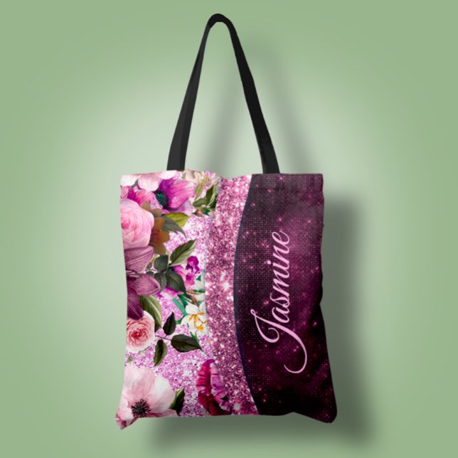 Chic blommigt Burgundy rosa lila glitter monogram Tygkasse (Skapare uppladdad)
