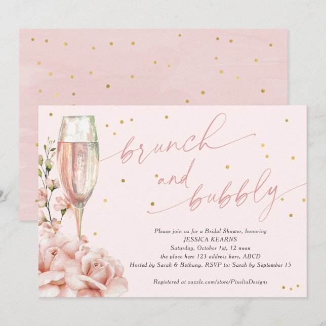Chic blommigt champagne flurar brunch och bubblar  inbjudningar (Fram/baksida)
