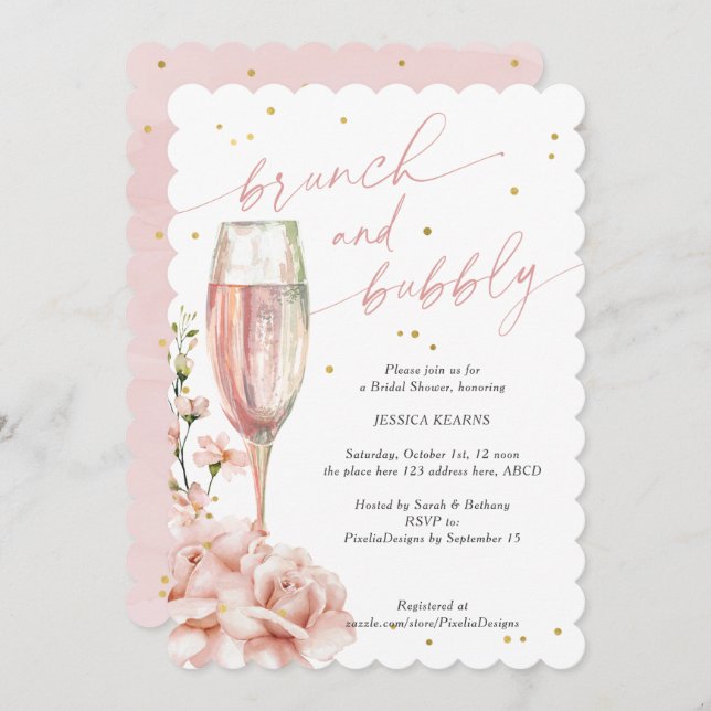 Chic blommigt champagne flurar brunch och bubblar  inbjudningar (Fram/baksida)