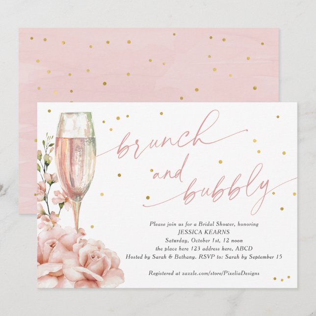 Chic blommigt champagne flurar brunch och bubblar  inbjudningar (Fram/baksida)