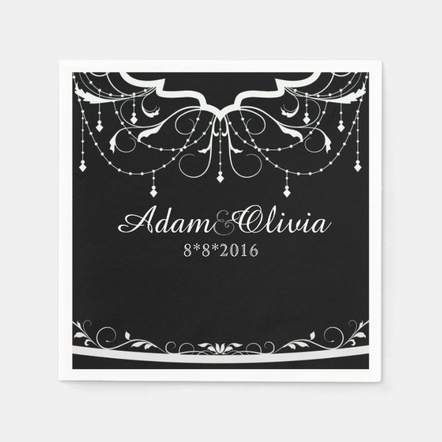 Chic Blommigt Chandelier Black Bröllop Pappersservett (Framsidan)