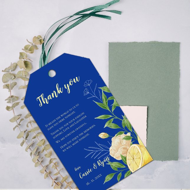 Chic Blommigt Citrus Bröllop tackmeddelande Presentetikett (Chic Floral Lemon Citrus Wedding Thank you Message Gift Tags)