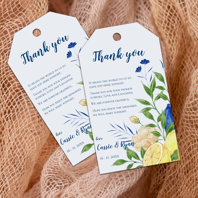 Chic Blommigt Citrus Bröllop tackmeddelande Presentetikett (Chic Floral Lemon Citrus Wedding Thank you Message Gift Tags)