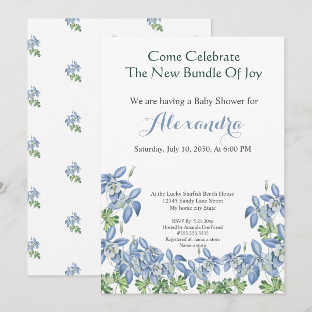 Chic Blommigt Columbine Blue Boy Baby Shower (Fram/baksida)