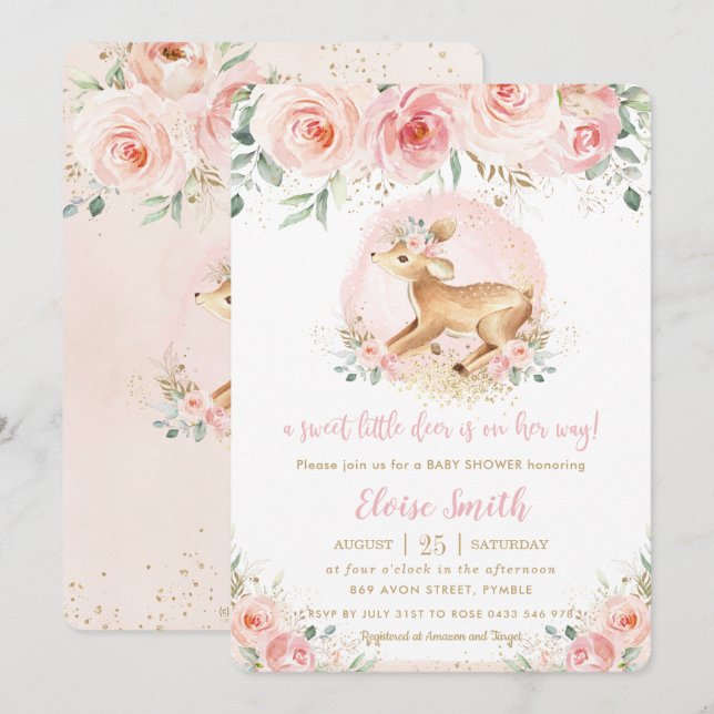 Chic  Blommigt Cute Baby Hjort Girl Baby Shower Inbjudningar (Fram/baksida)