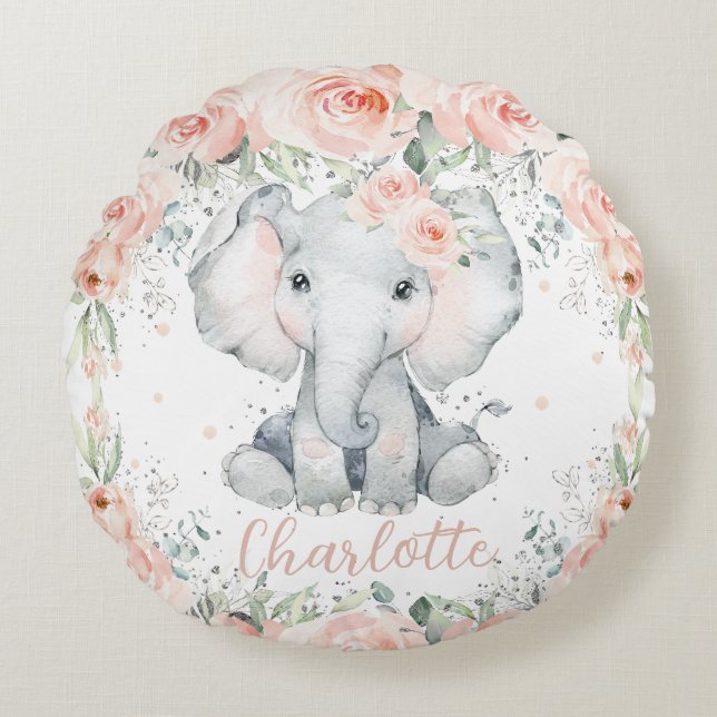 Chic  Blommigt Elephant Girl Bedroom Nursery Rund Kudde (Framsidan)