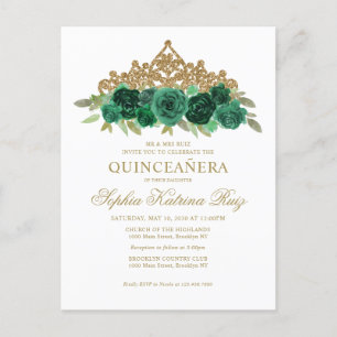 Chic Blommigt Emerald Grönt Guld Tiara Quinceañera Vykort