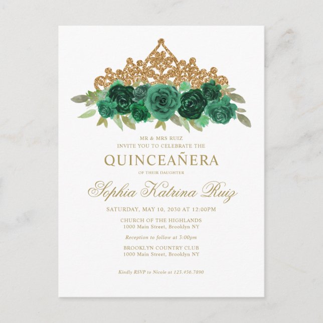 Chic Blommigt Emerald Grönt Guld Tiara Quinceañera Vykort (Framsida)