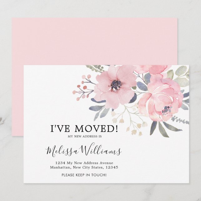Chic  Blommigt  Flytta Announement Card för Rosa Meddelande (Fram/baksida)