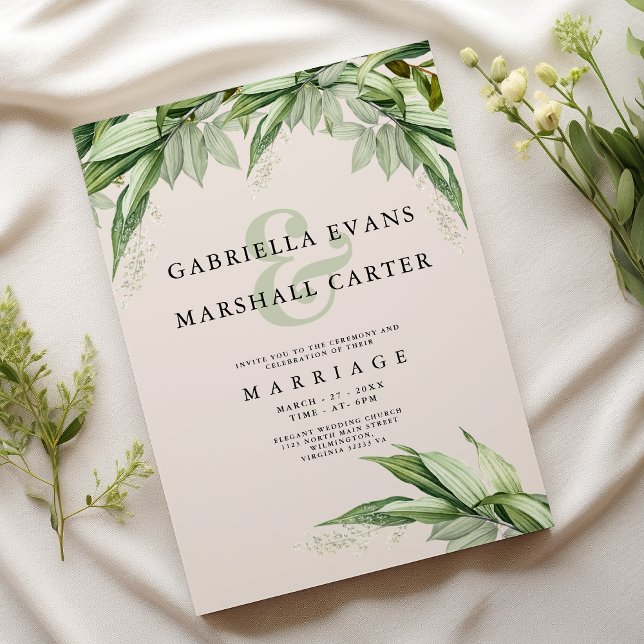 Chic blommigt för elfenbensfolie i grönt bröllop inbjudningar (Chic ivory green foliage floral ampersand wedding)