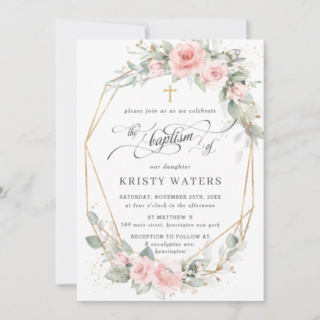 Chic Blommigt för  Rosa Greenery Baptism Geometric Inbjudningar (Framsida)