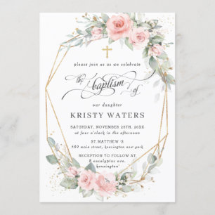 Chic Blommigt för Rosa Greenery Baptism Geometric Inbjudningar