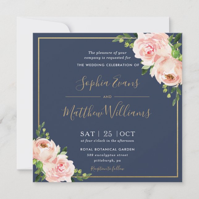 Chic Blommigt för  Rosa Greenery Navy Bröllop Inbjudningar (Framsida)