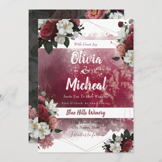 Chic Blommigt för vattenfärg Röda burgundöret inbj Inbjudningar (Fram/baksida)