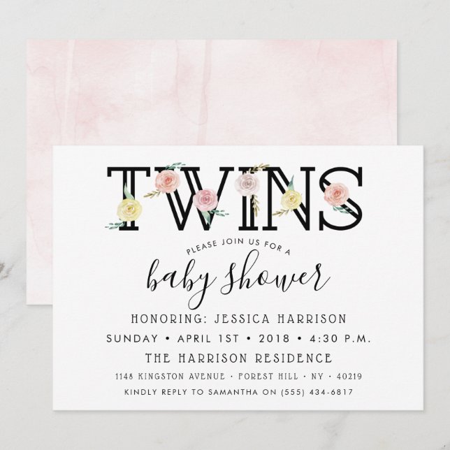 Chic Blommigt Garden Twillingars Baby Shower Inbjudningar (Fram/baksida)