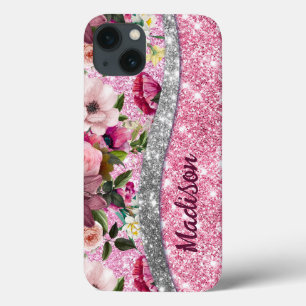Chic blommigt glitter Lila rosa silver monogram