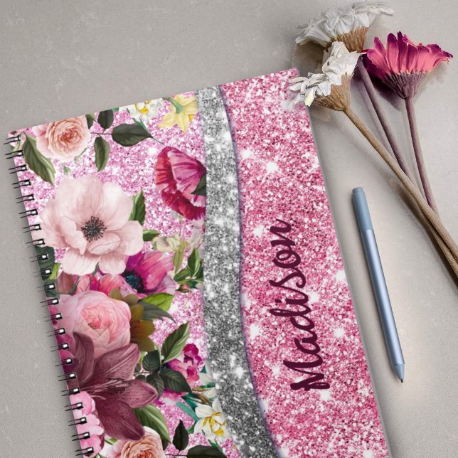 Chic blommigt glitter Lila rosa silver monogram Anteckningsbok (Skapare uppladdad)