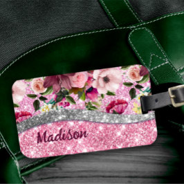 Chic blommigt glitter Lila rosa silver monogram Bagagebricka