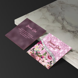 Chic blommigt glitter Lila rosa silver monogram Fyrkantigt Visitkort