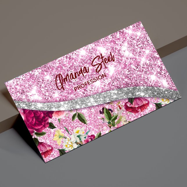 Chic blommigt glitter Lila rosa silver monogram Magnetiska Visitkort (Skapare uppladdad)