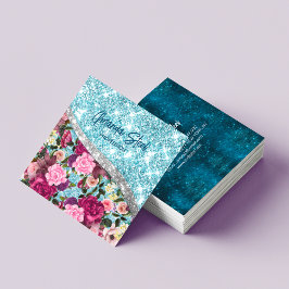 Chic blommigt glittery aqua lila silver monogram fyrkantigt visitkort