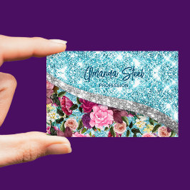 Chic blommigt glittery aqua lila silver monogram magnetiska visitkort
