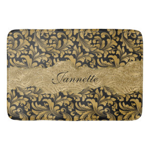 Chic Blommigt glittery Faux Black Guld Monogram Badrumsmatta