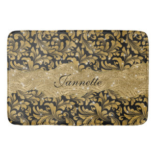 Chic Blommigt glittery Faux Black Guld Monogram Badrumsmatta