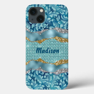 Chic blommigt glittery guld Turcoise teal monogram