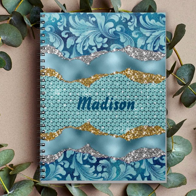 Chic blommigt glittery guld Turcoise teal monogram Anteckningsbok (Skapare uppladdad)