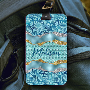 Chic blommigt glittery guld Turcoise teal monogram Bagagebricka