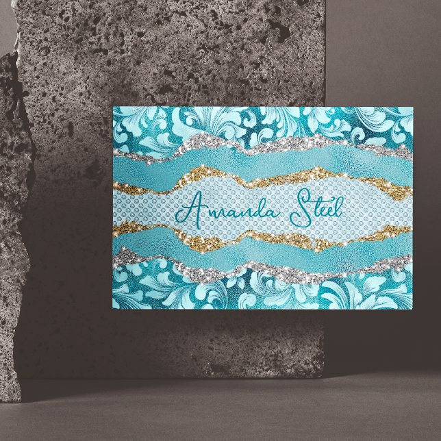 Chic blommigt glittery guld Turcoise teal monogram Magnetiska Visitkort (Skapare uppladdad)