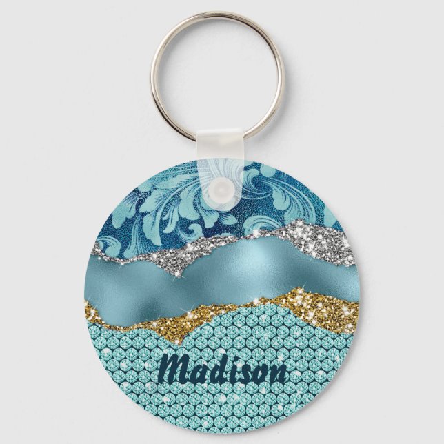 Chic blommigt glittery guld Turcoise teal monogram Nyckelring (Framsida)