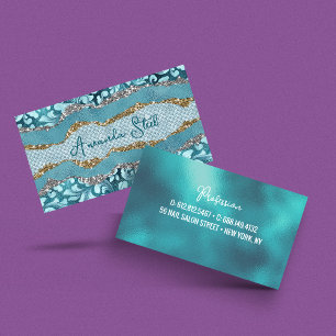 Chic blommigt glittery guld Turcoise teal monogram Visitkort