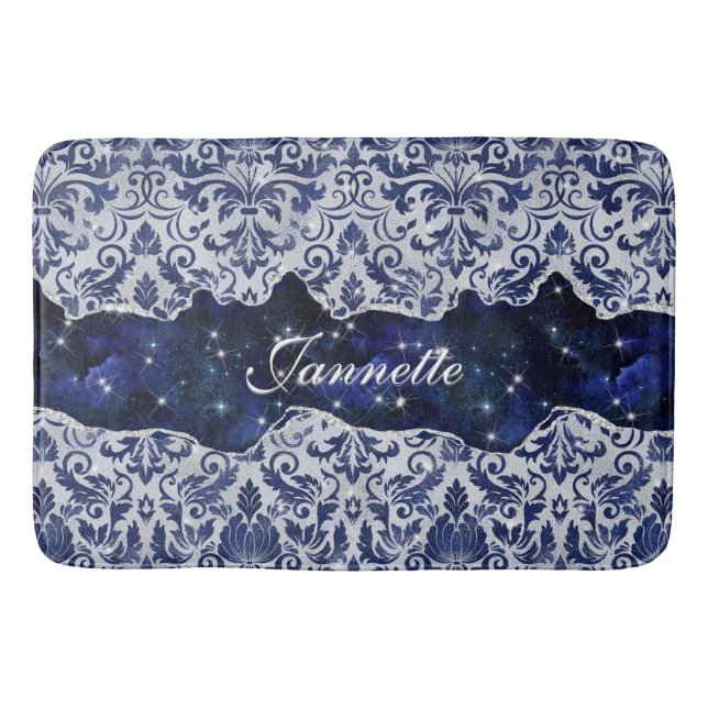 Chic blommigt glittery Navy Blue Silver Monogram Badrumsmatta (Framsidan)