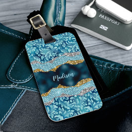 Chic blommigt glittery Teal Turcos guld monogram Bagagebricka