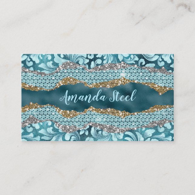 Chic blommigt glittery Teal Turcos guld monogram Tidsbeställning Kort (Framsida)