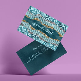 Chic blommigt glittery Teal Turcos guld monogram Visitkort
