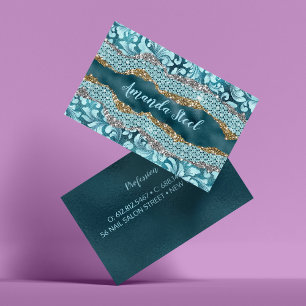 Chic blommigt glittery Teal Turcos guld monogram Visitkort